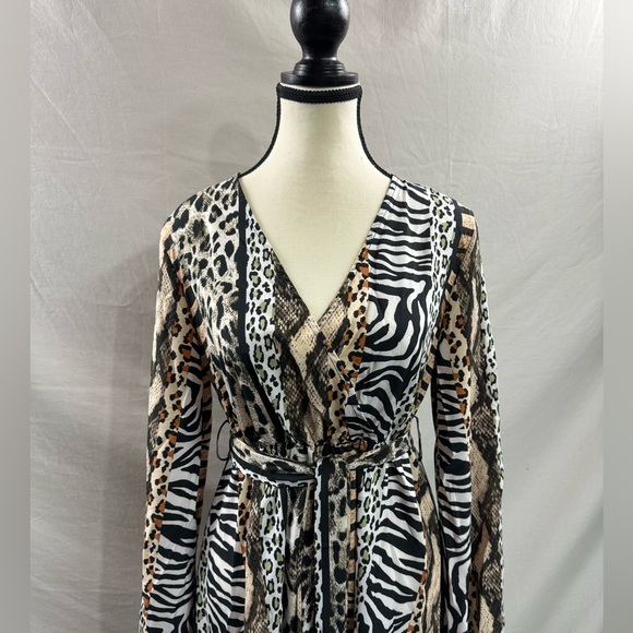 Animal Print Lantern Sleeve Tie Waist A-Line Dress - Picture 7 of 9